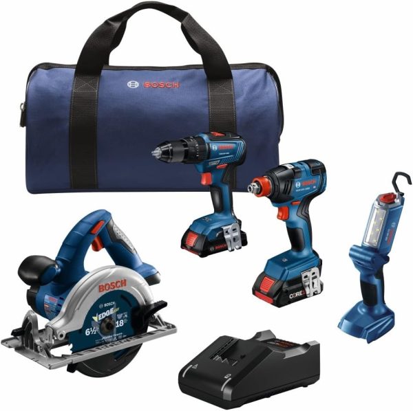 BOSCH GXL18V-497B23 Kit combinado de 4 herramientas de 18 V con destornillador de impacto de broca de 2 en 1 1/4 pulgadas y 1/2 pulgadas, taladro martillo de 1/2 pulgadas, sierra circular, luz