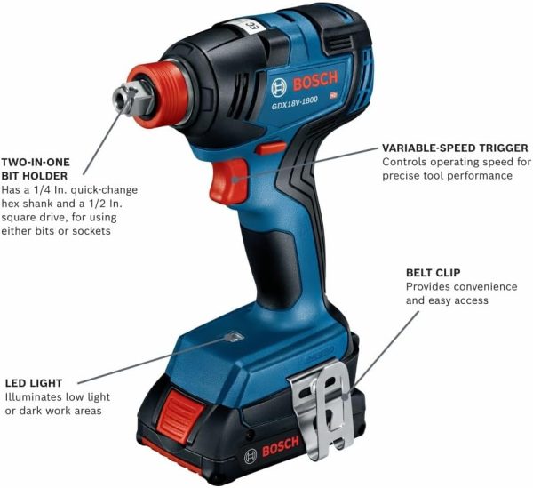 BOSCH GXL18V-497B23 Kit combinado de 4 herramientas de 18 V con destornillador de impacto de broca de 2 en 1 1/4 pulgadas y 1/2 pulgadas, taladro martillo de 1/2 pulgadas, sierra circular, luz - Imagen 4