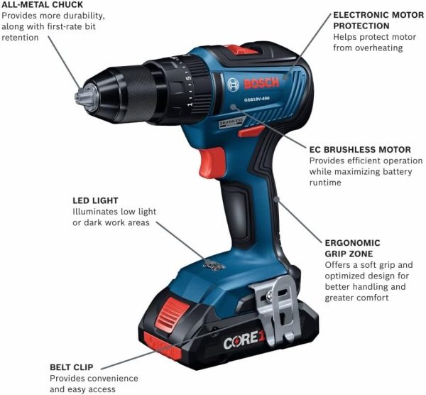BOSCH GXL18V-497B23 Kit combinado de 4 herramientas de 18 V con destornillador de impacto de broca de 2 en 1 1/4 pulgadas y 1/2 pulgadas, taladro martillo de 1/2 pulgadas, sierra circular, luz - Imagen 5