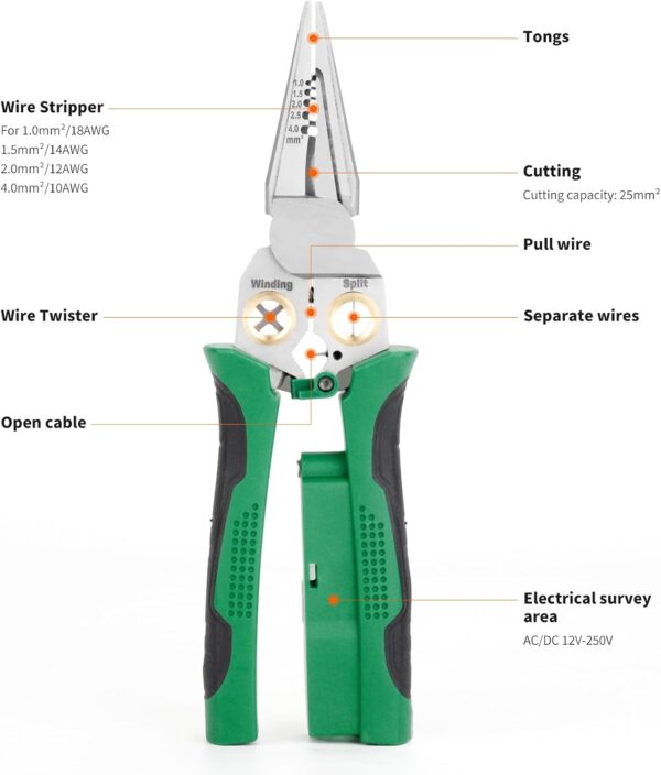 GADO Pelacables Twister con función de medición de electricidad, alicates de pelado de cables 8 en 1 para cortar y tirar de cables, tijeras de cable para raspar y presionar cables con prueba - Imagen 7