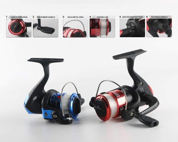 Kit completo de caña de pescar y carrete de pesca plegable, 2 piezas de caña de pescar telescópica, 4.3 ft y 5.2 ft/2 cañas de pescar de 5.6 ft/6.9 ft + 2 carretes giratorios+ganchos de señuelos+bolsa - Imagen 6