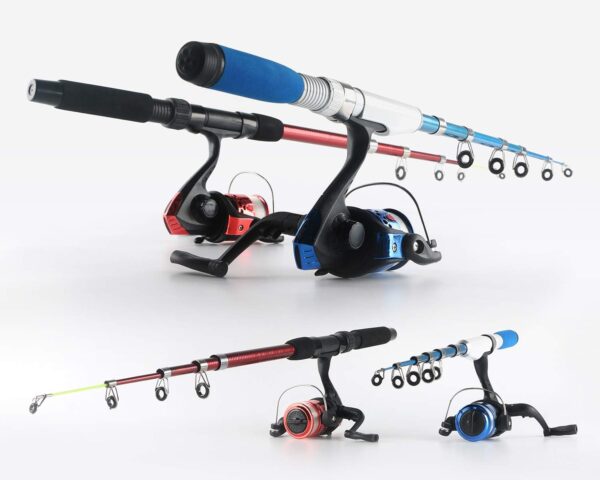 Kit completo de caña de pescar y carrete de pesca plegable, 2 piezas de caña de pescar telescópica, 4.3 ft y 5.2 ft/2 cañas de pescar de 5.6 ft/6.9 ft + 2 carretes giratorios+ganchos de señuelos+bolsa - Imagen 3