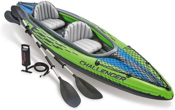 INTEX Challenger Serie Kayak Inflable: Incluye paletas de kayak de lujo de 86 pulgadas y bomba de alto rendimiento - PVC superfuerte - Asiento ajustable con respaldo - Skeg extraíble - Red