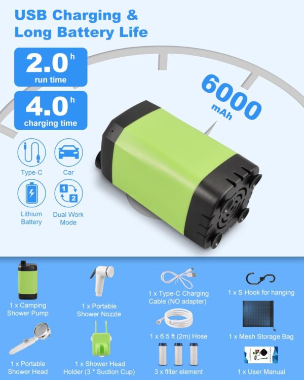 Juego de ducha de campamento, tienda de ducha portátil de 6.6 pies y bomba de ducha de campamento de 6000 mAh para camping, inodoro y playa. - Imagen 2