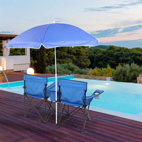 Juego de sombrilla de playa plegable: silla de verano portátil de 2 asientos para exteriores con sombrilla extraíble azul - Imagen 2