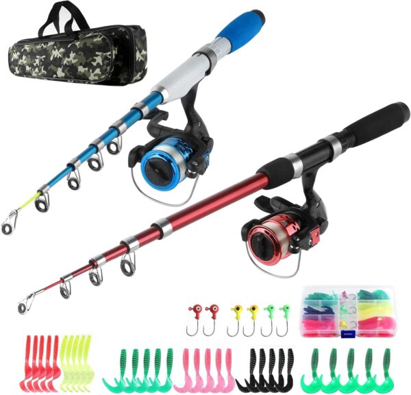 Kit completo de caña de pescar y carrete de pesca plegable, 2 piezas de caña de pescar telescópica, 4.3 ft y 5.2 ft/2 cañas de pescar de 5.6 ft/6.9 ft + 2 carretes giratorios+ganchos de señuelos+bolsa