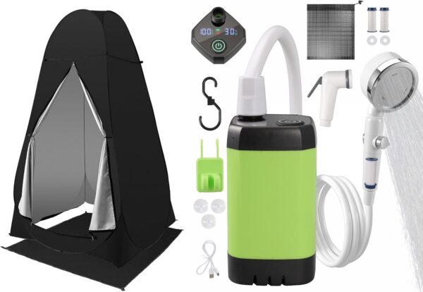 Juego de ducha de campamento, tienda de ducha portátil de 6.6 pies y bomba de ducha de campamento de 6000 mAh para camping, inodoro y playa.
