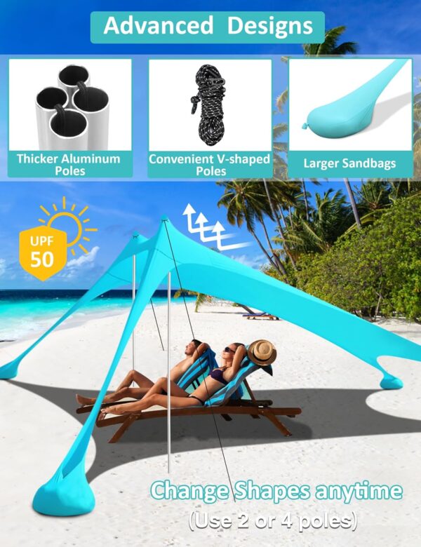 anngrowy Toldo de playa de 10 x 10 pies, tienda de campaña de playa, refugio solar para 6-8 personas, toldo de playa, toldo de playa fácil de instalar, toldo de playa portátil UPF 50+, toldo de playa - Imagen 5