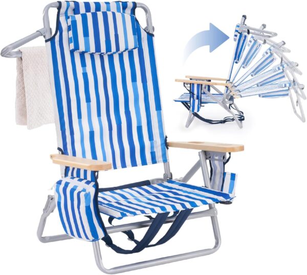 Silla de playa reclinable de perfil bajo para adultos soporta 300 libras | Mochila de gran tamaño con 5 posiciones ajustables para conciertos al aire libre, viajes, festivales,