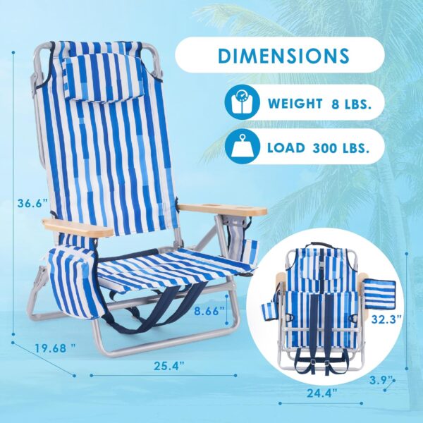 Silla de playa reclinable de perfil bajo para adultos soporta 300 libras | Mochila de gran tamaño con 5 posiciones ajustables para conciertos al aire libre, viajes, festivales, - Imagen 3