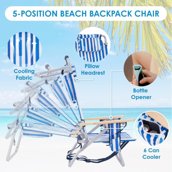 Silla de playa reclinable de perfil bajo para adultos soporta 300 libras | Mochila de gran tamaño con 5 posiciones ajustables para conciertos al aire libre, viajes, festivales, - Imagen 2