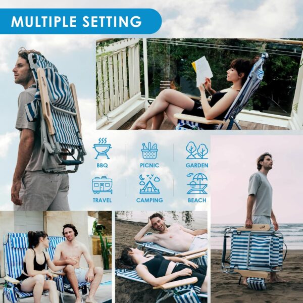 Silla de playa reclinable de perfil bajo para adultos soporta 300 libras | Mochila de gran tamaño con 5 posiciones ajustables para conciertos al aire libre, viajes, festivales, - Imagen 6